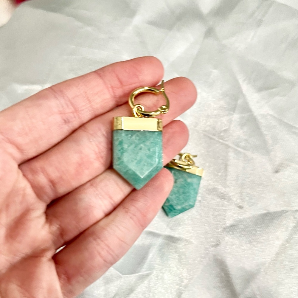 Blue Amazonite Carved Crystal Gold Hoop Earrings
